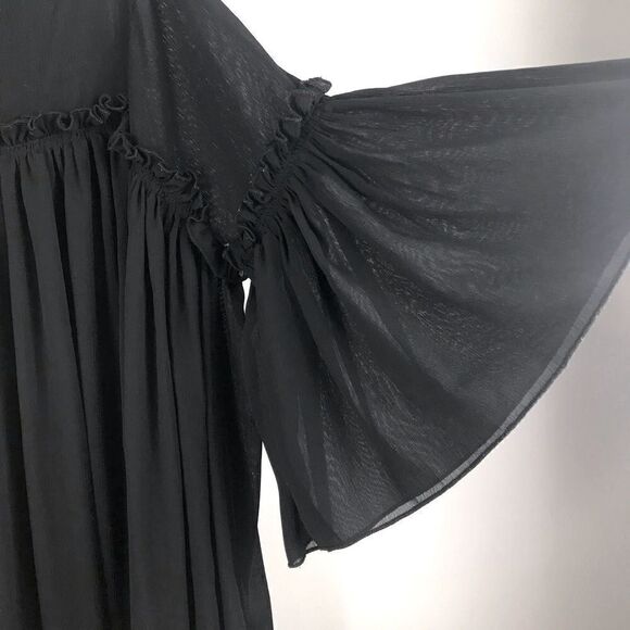 Missguided Semi Sheer Black Poet’s Style Dress with Bell Sleeves and Tie Front - Picture 13 of 15